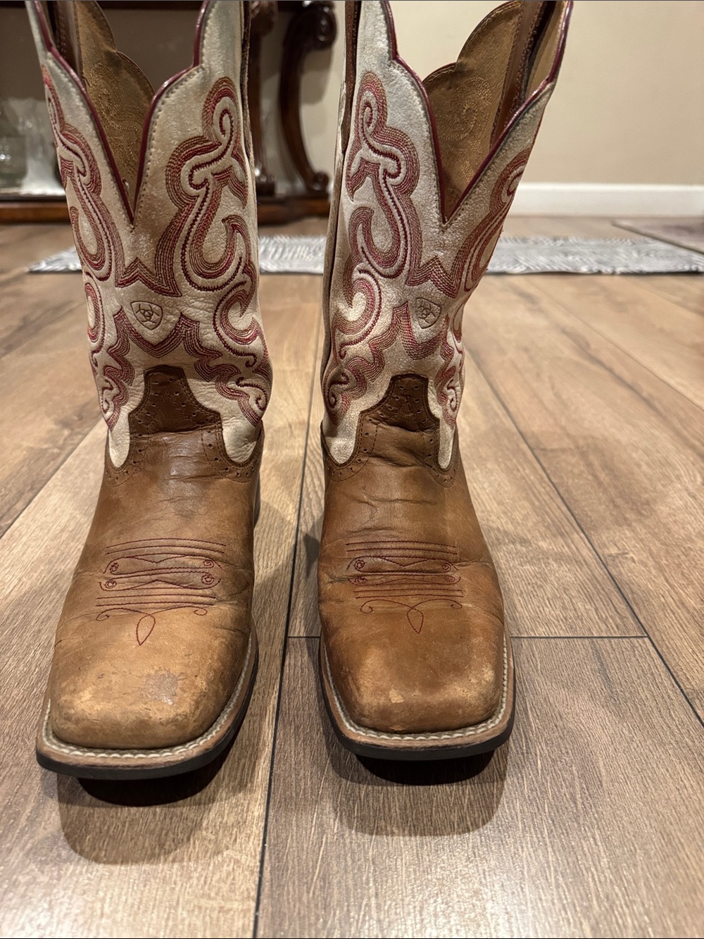 Ariat Brown Leather Cowgirl Boots with Cream and Red Embroidery